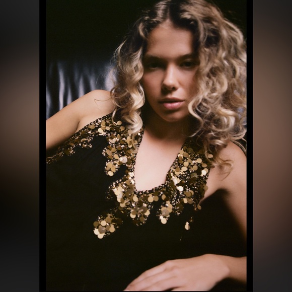 Zara Black Pleated Sequin Georgette Dress - Size M - Picture 3 of 12